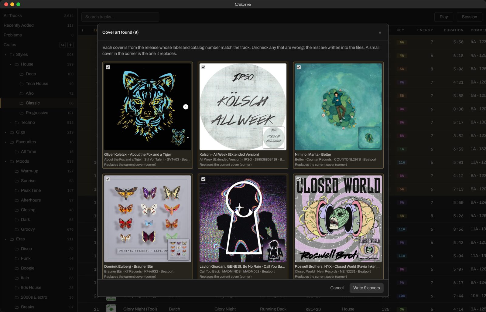 Cover review grid in Cabine, with each new cover next to the current one