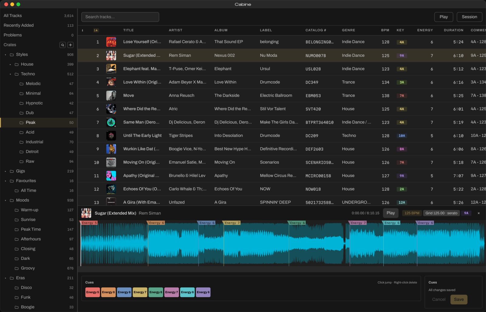 Cue editor in Cabine, with a zoomed waveform, beat lines and colored hot cues