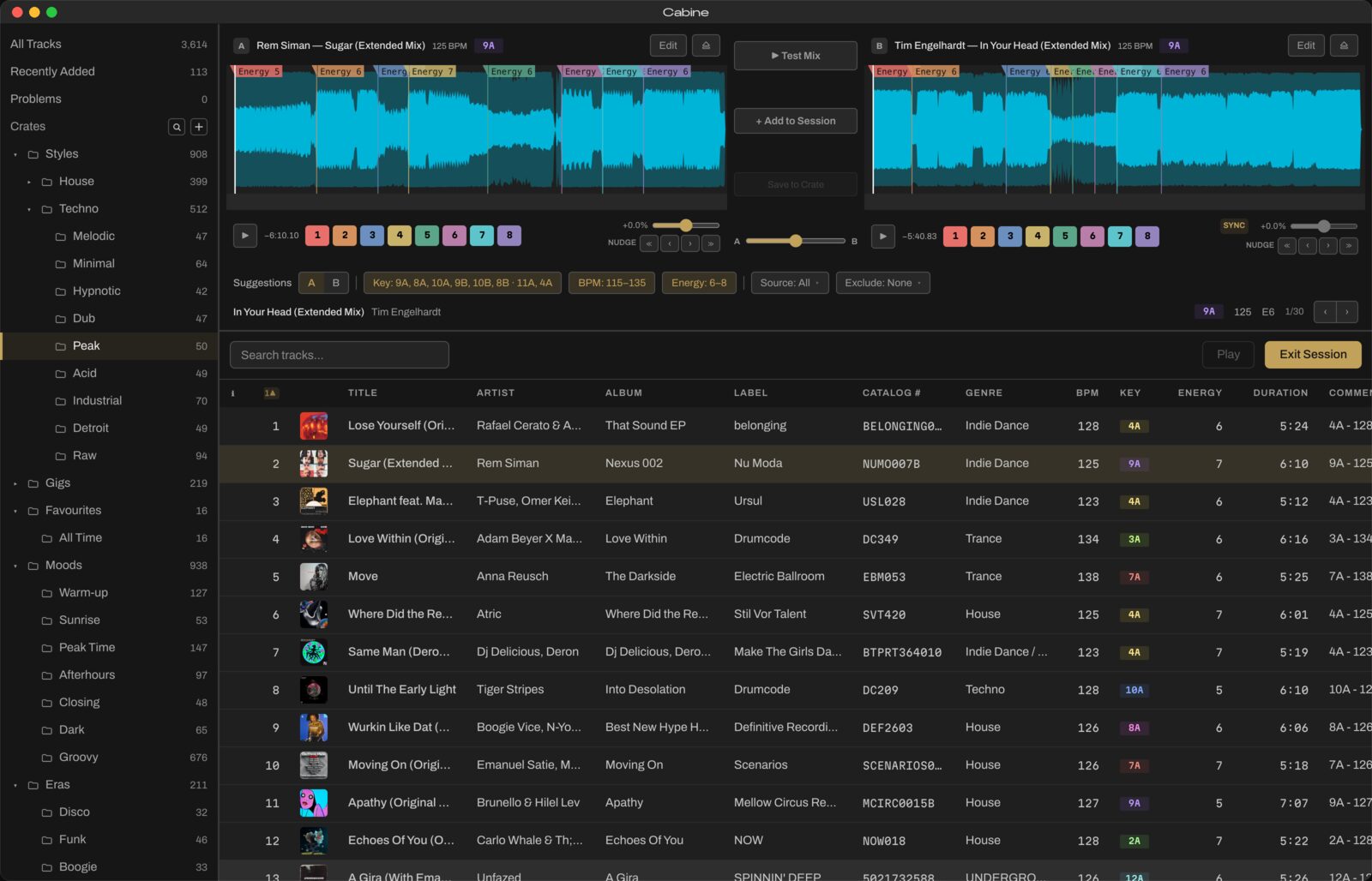 Session mode in Cabine, with two decks, waveforms and a list of suggested next tracks