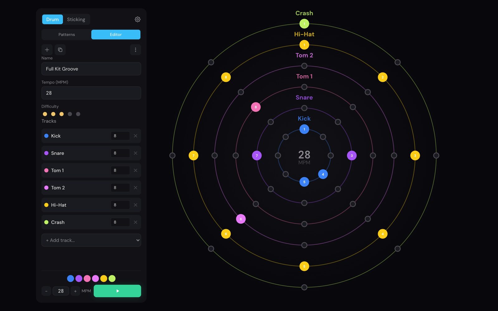 Rudra pattern editor with name, tempo, and difficulty fields next to the rhythm circle