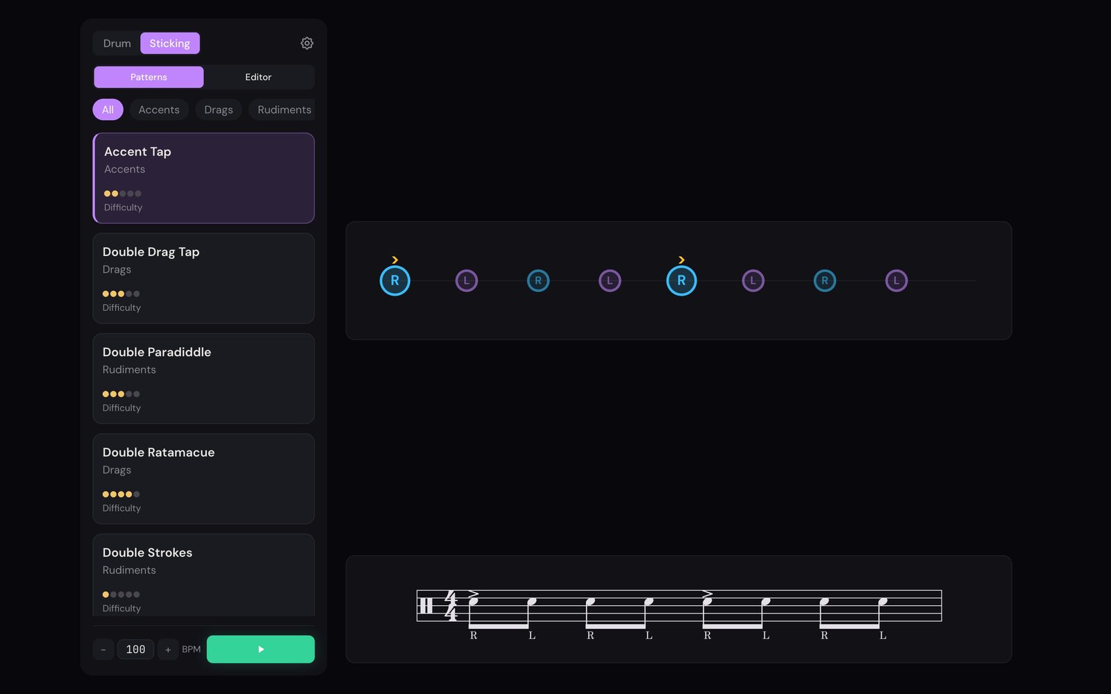 Rudra sticking view showing R and L hand markers above standard drum notation