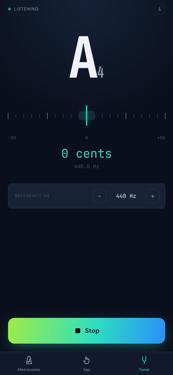 Tempist tuner screen showing a note and cents